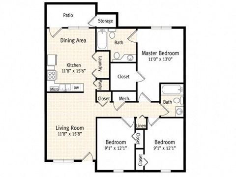 Floor plan for 3 beds, 2 baths, 1116 sqft